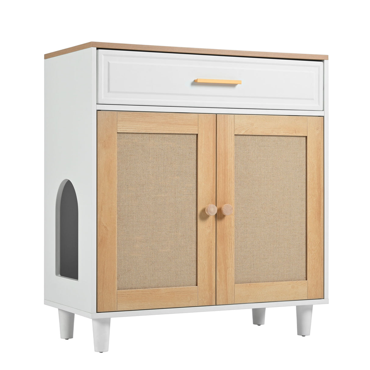 Pet Friendly Furniture Style Cat Litter Box House With Sisal Scratching Door And Charging Socket - Beige / White