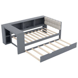 Upholstered Headboard Platform Bed With Storage Shelves, Trundle, Charging Station