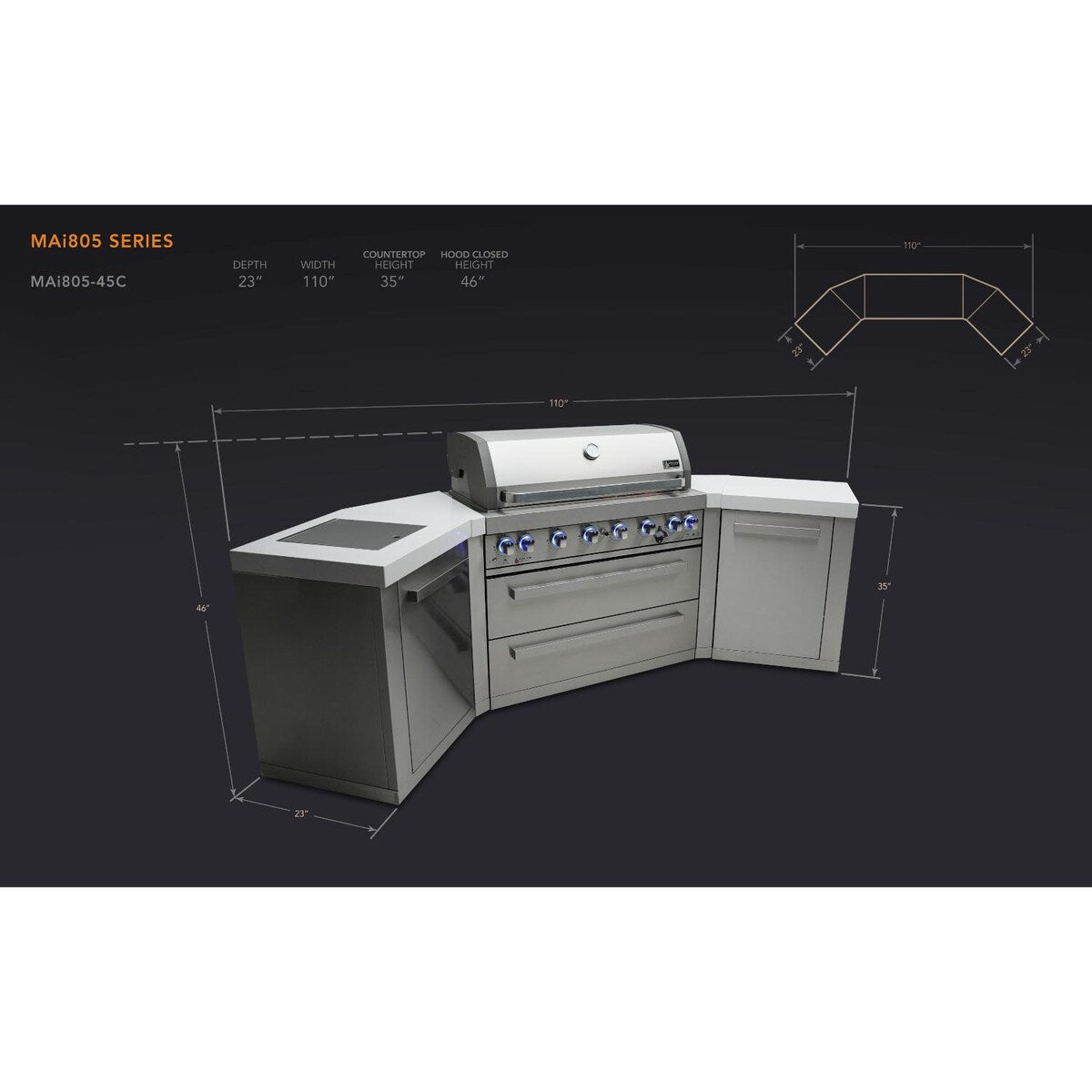 Mont Alpi Original Series 10 Ft U-Shaped Propane Outdoor Kitchen Island w/ Side Burner- MAi805-45