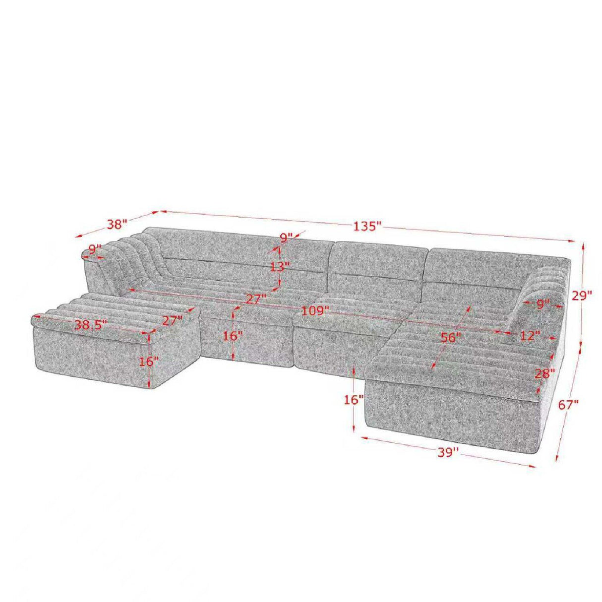Upholstered L-Shaped Modular Sectional Sofa With Chaise, Wave-Shaped Armrest