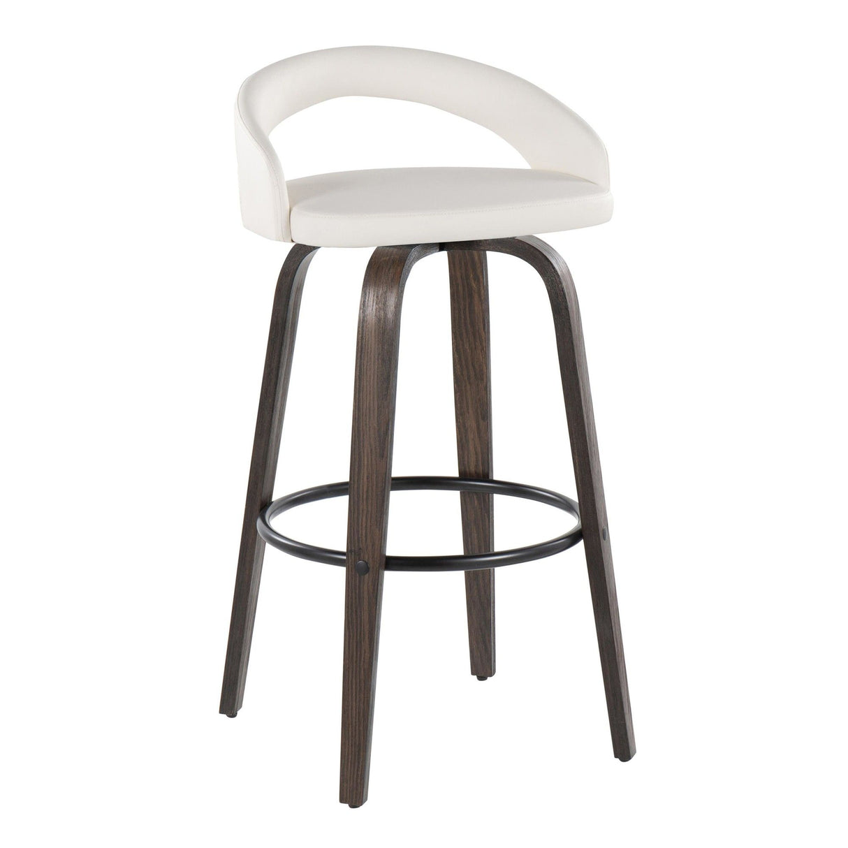 Grotto - Upholstered Fixed-Height Barstool (Set of 2) - Walnut Glazed Wood, White Faux Leather, Black Metal