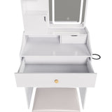 3 Color LED Vanity Mirror With Stool, 2 Drawers & 5 Storage Cabinets, Adjustable Lighting - White