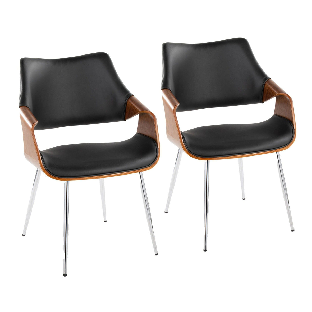 Curvo - High Back Chair (Set of 2) - Chrome Metal, Walnut Wood, Black Faux Leather