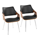 Curvo - High Back Chair (Set of 2) - Chrome Metal, Walnut Wood, Black Faux Leather