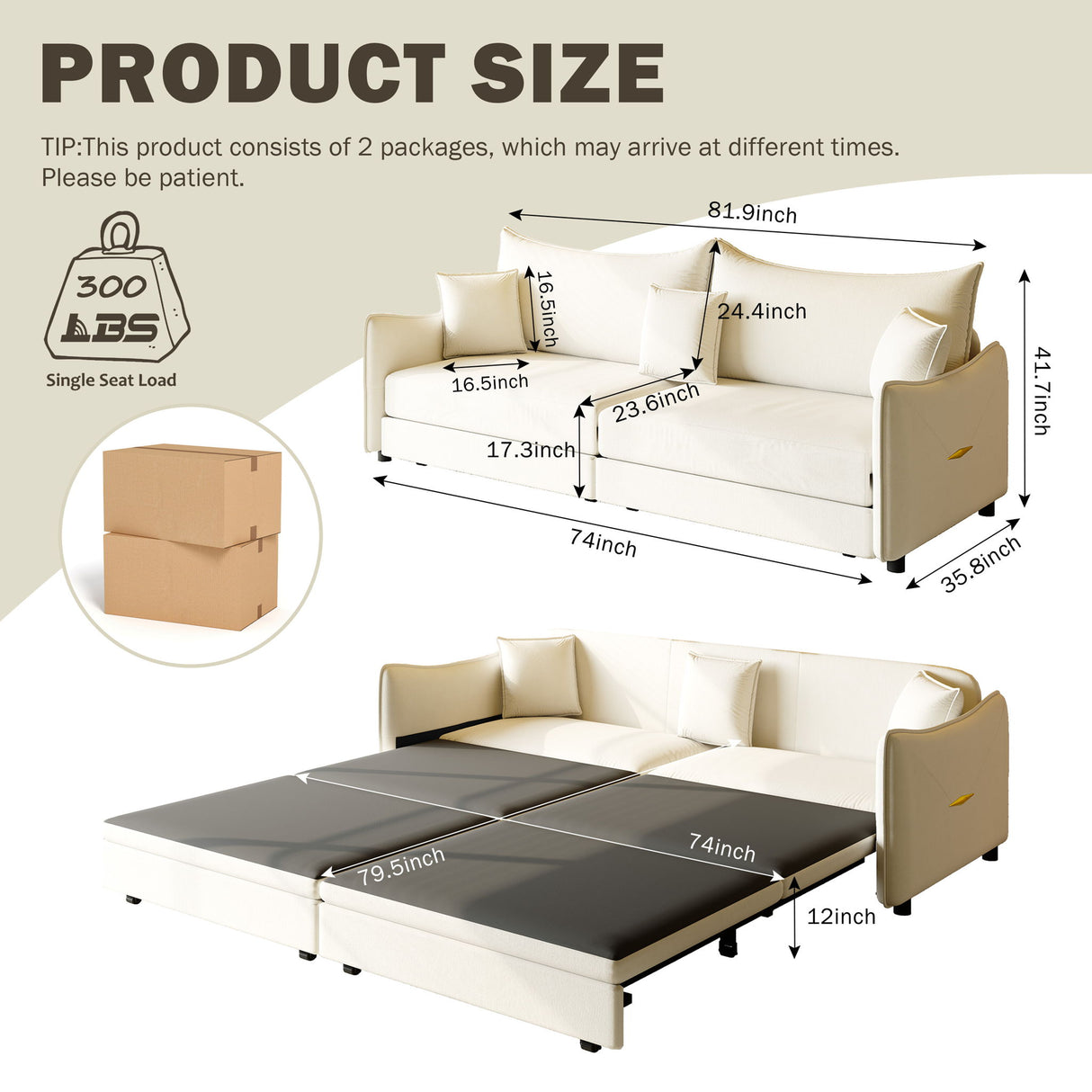 King Pull Out Sofa Bed, 3-In-1 Convertible Bed With 3 Pillows