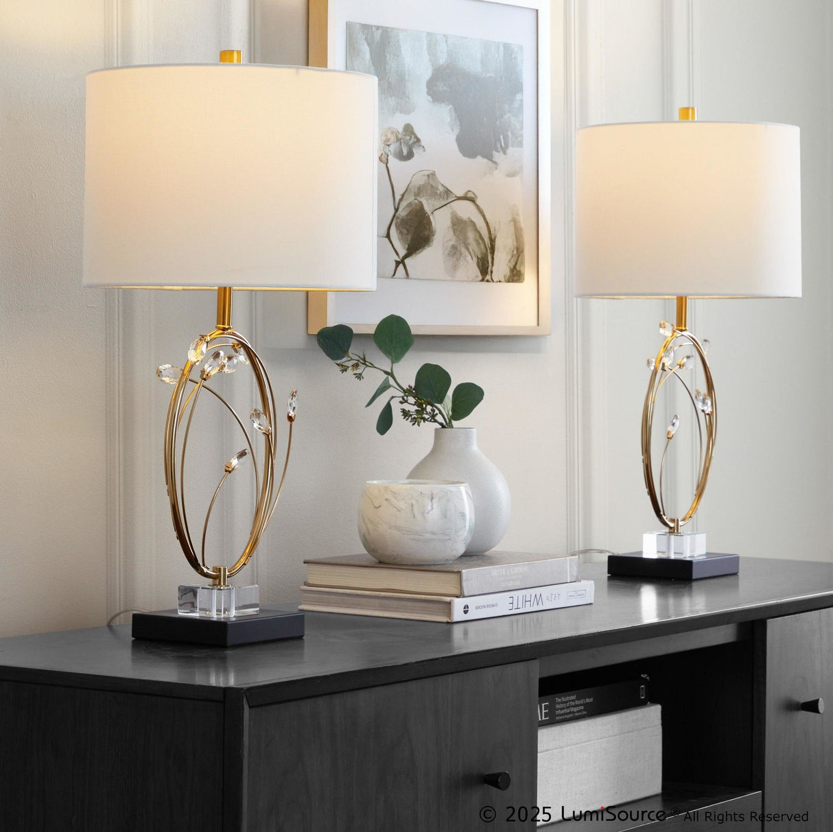 Crystal - Buds Table Lamp (Set of 2) - Black Metal, Clear Crystal, Gold Metal, Off-white Linen