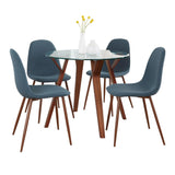 Folia - Round Pebble Mid-Century Modern 5 Piece Dining Room Set - Walnut Wood, Round Clear Tempered Glass, Walnut Metal And Blue Fabric
