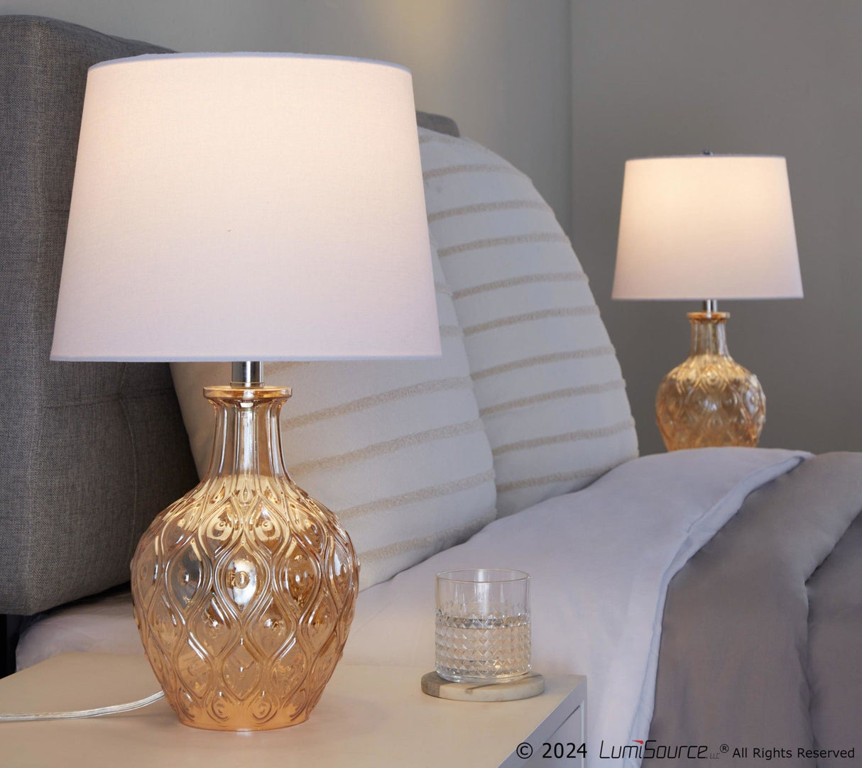Gloria - Round Contemporary Glass Accent Lamp (Set of 2) - Clear Champagne Lustre Glass, Chrome Metal And White Linen Shade From Grandview Gallery