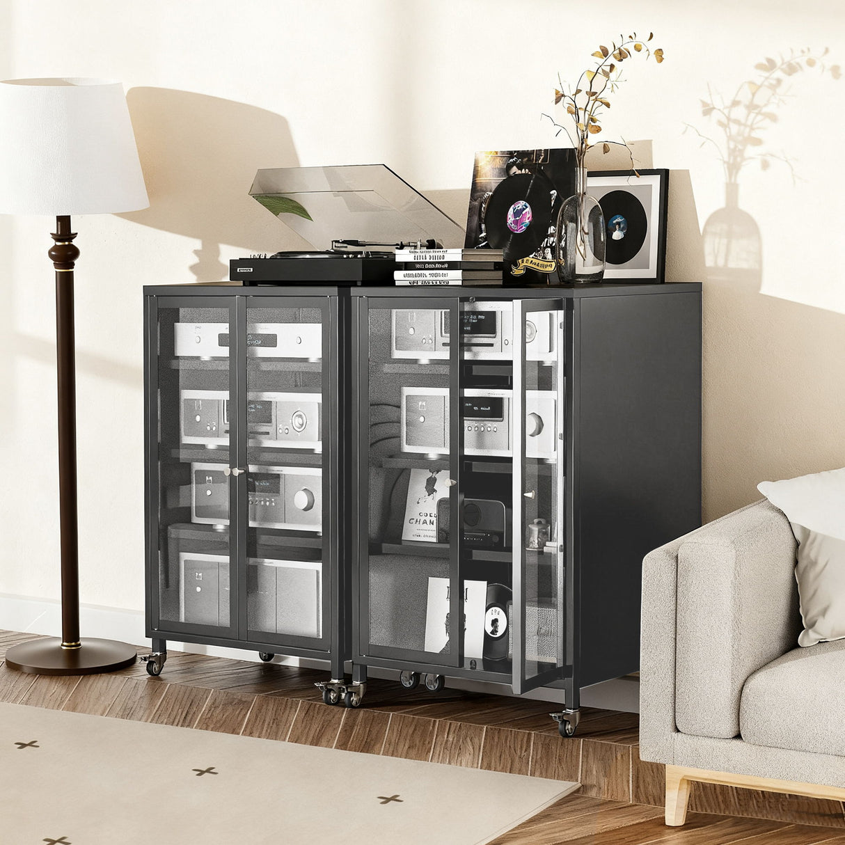 Media Storage Cabinet With Wheels, 4 Adjustable Glass Shelves & Door, Heavy-Duty - Black
