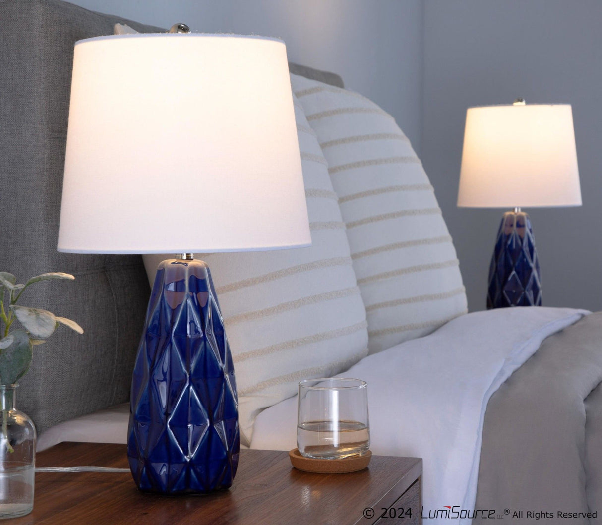 Hex - Contemporary Ceramic Accent Lamp (Set of 2) - Estate Blue Ceramic, Polished Nickel And White Linen Shade From Grandview Gallery