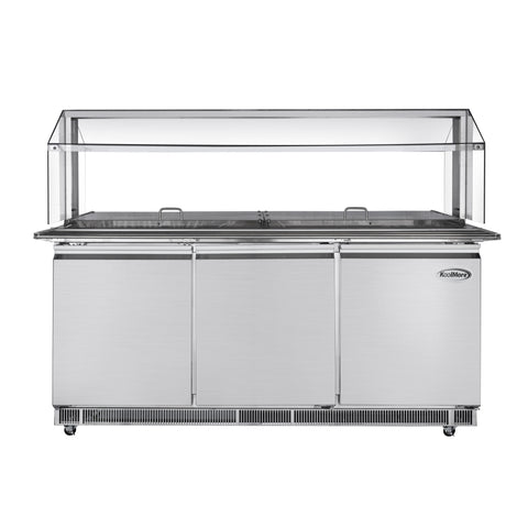 72 in. Commercial Refrigerated Prep Station with Sneeze Guard and Buffet Slide, 15 Pans with Covers and Three Adjustable Shelves in Stainless-Steel, ETL Listed (KM-RBT-72CSFG)