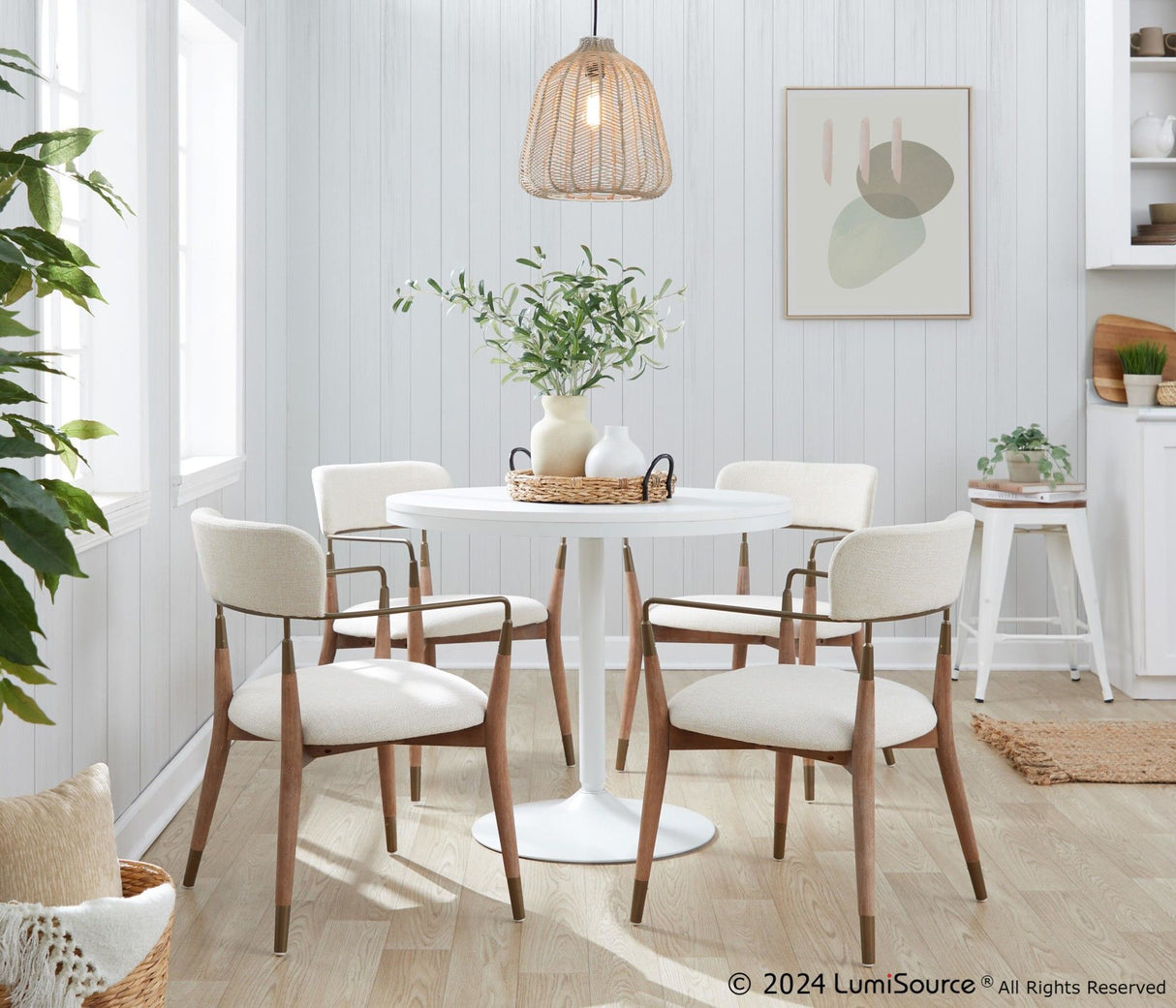 Dakota - Savannah 5 Piece Dining Set - White Steel, White Wood, Copper Metal, Whitewashed Wood,cream Noise Fabric