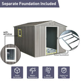 8Ft x 10Ft Outdoor Metal Storage Shed With Metal Floor Base, With Window - Gray