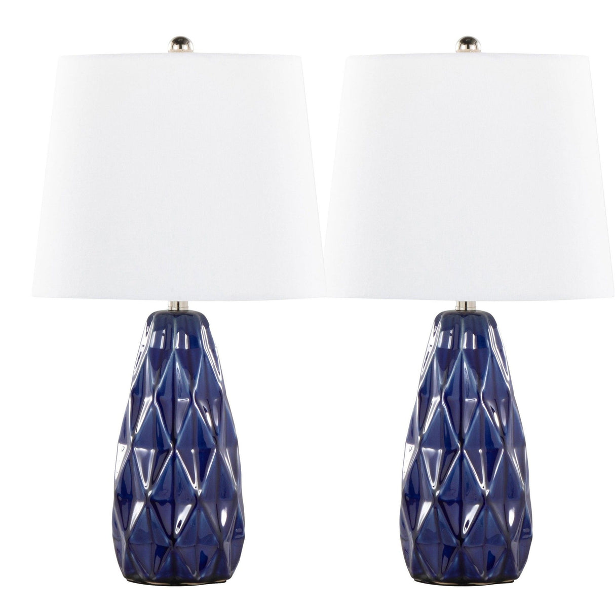 Hex - Contemporary Ceramic Accent Lamp (Set of 2) - Estate Blue Ceramic, Polished Nickel And White Linen Shade From Grandview Gallery