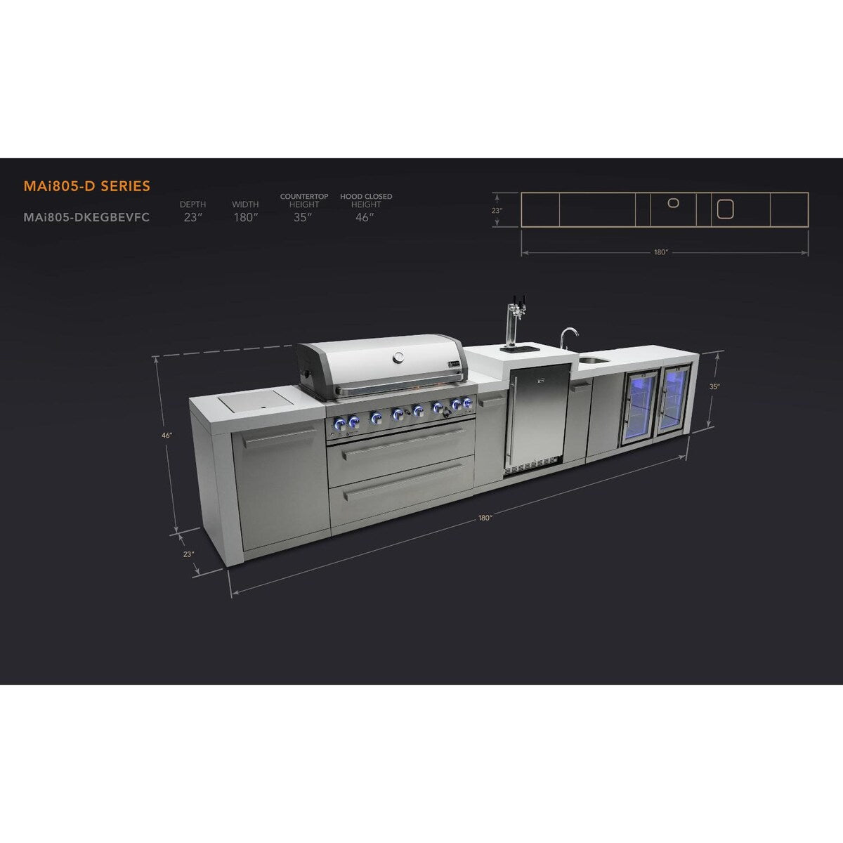 Mont Alpi Deluxe Series 15 Ft Propane Outdoor Kitchen Island w/ Side Burner, Beverage Center, Fridge & Kegerator - MAi805-DKEGBEVFC