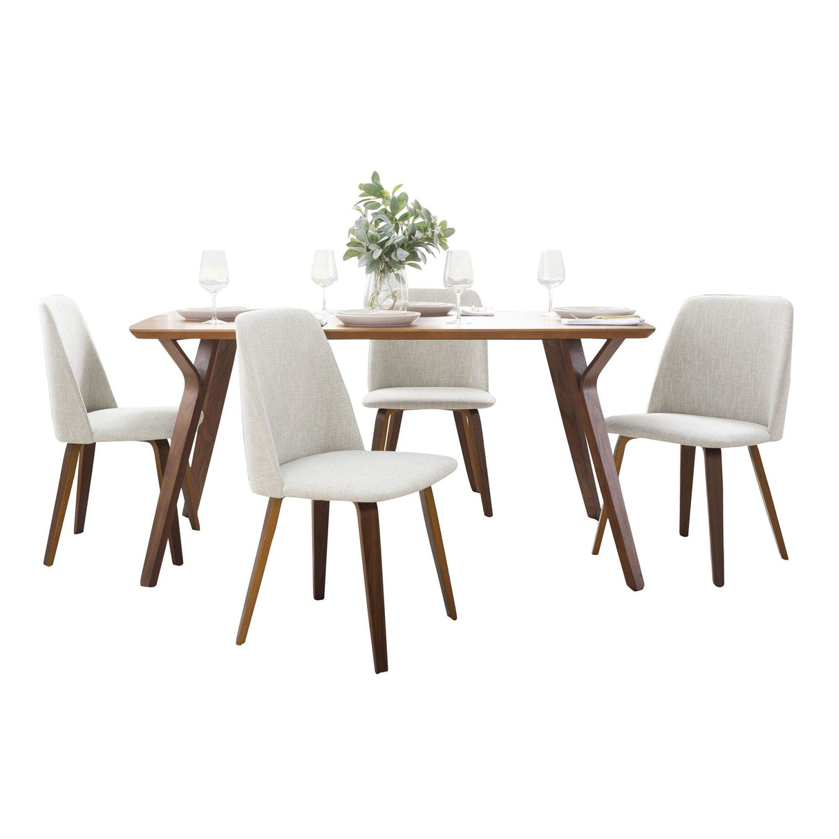 Folia - Toriano 5 Piece Dining Set - Walnut Wood, Beige Fabric