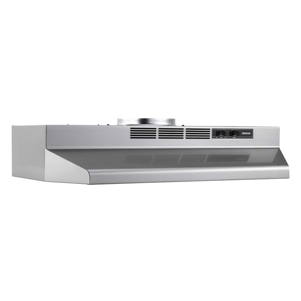 Broan F4030SF under-cabinet range hood, angled front view in stainless