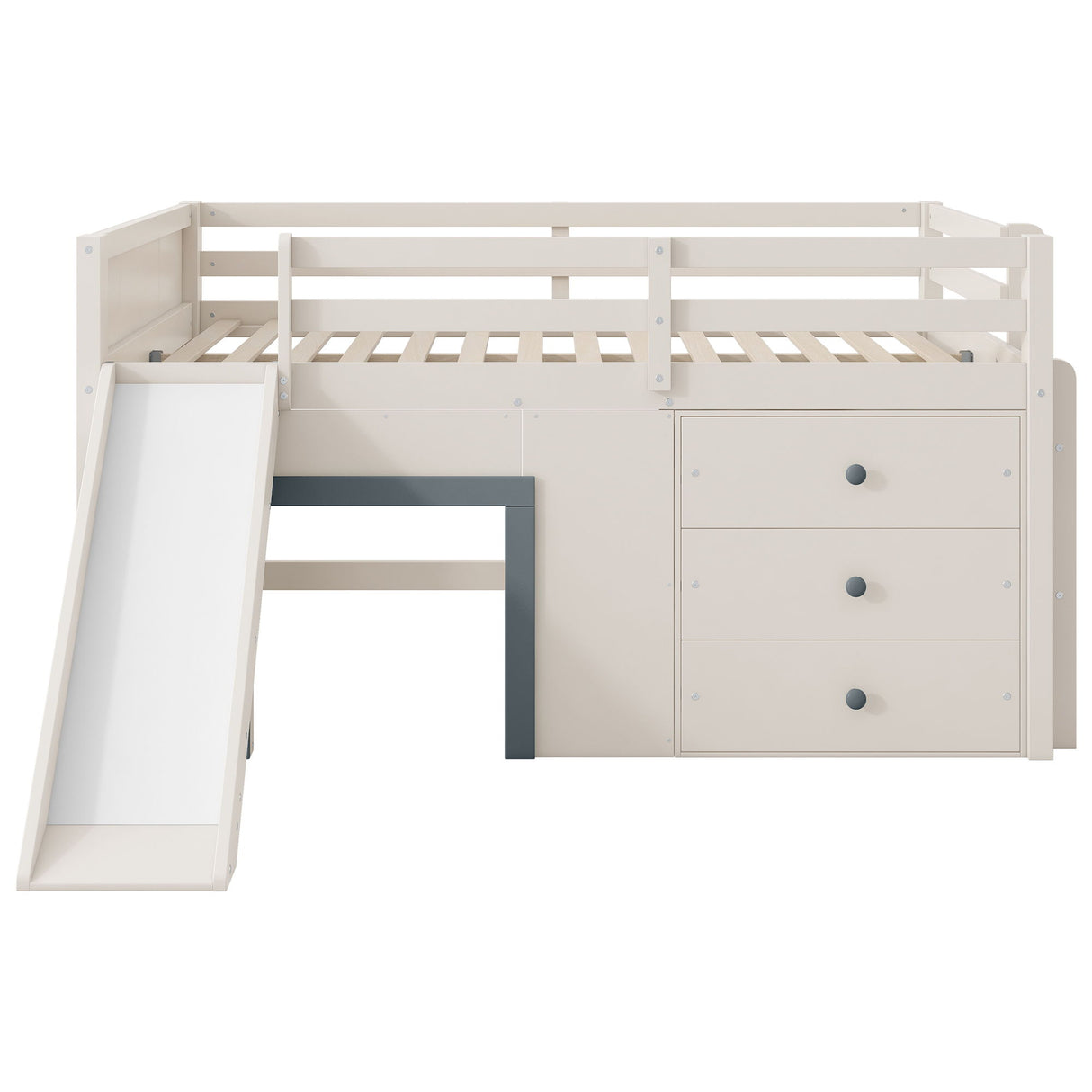 Modern Low Loft Bed With Slide, 3 Storage Drawers, And 2 Doors