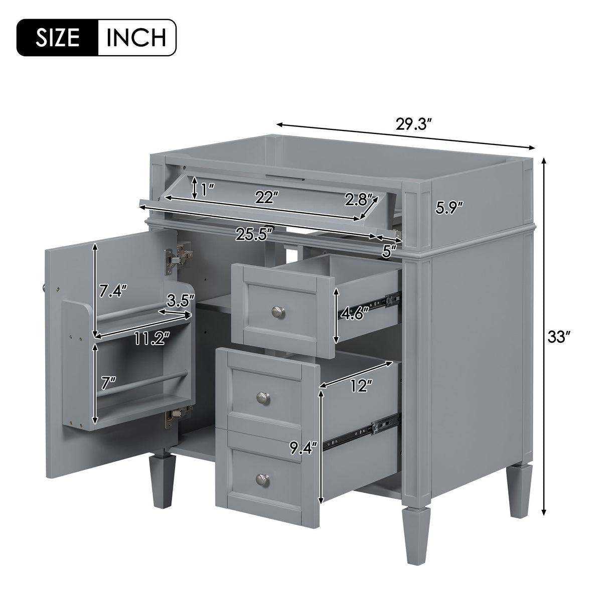 Bathroom Vanity With 2 Drawers And Tip-Out Drawer, Storage Cabinet