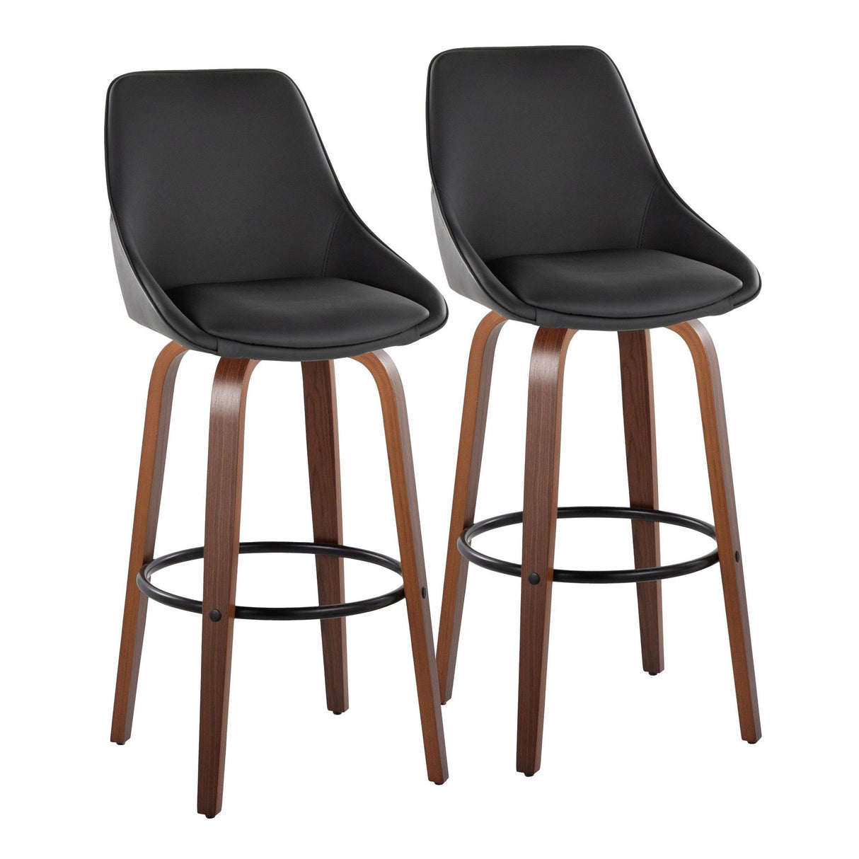 Diana - 30" Fixed-Height Barstool With Swivel And Round Black Metal Footrest (Set of 2) - Walnut Wood