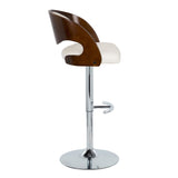 Pino - Mid-Century Modern Adjustable Swivel Barstool (Set of 2) - Chrome Metal, Cherry Wood And White Faux Leather With Rounded T Footrest
