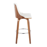 Gianna - Mid-Century Modern Fixed-Height Swivel Barstool (Set of 2) - Walnut Wood And White Faux Leather With Round Chrome Metal Footrest