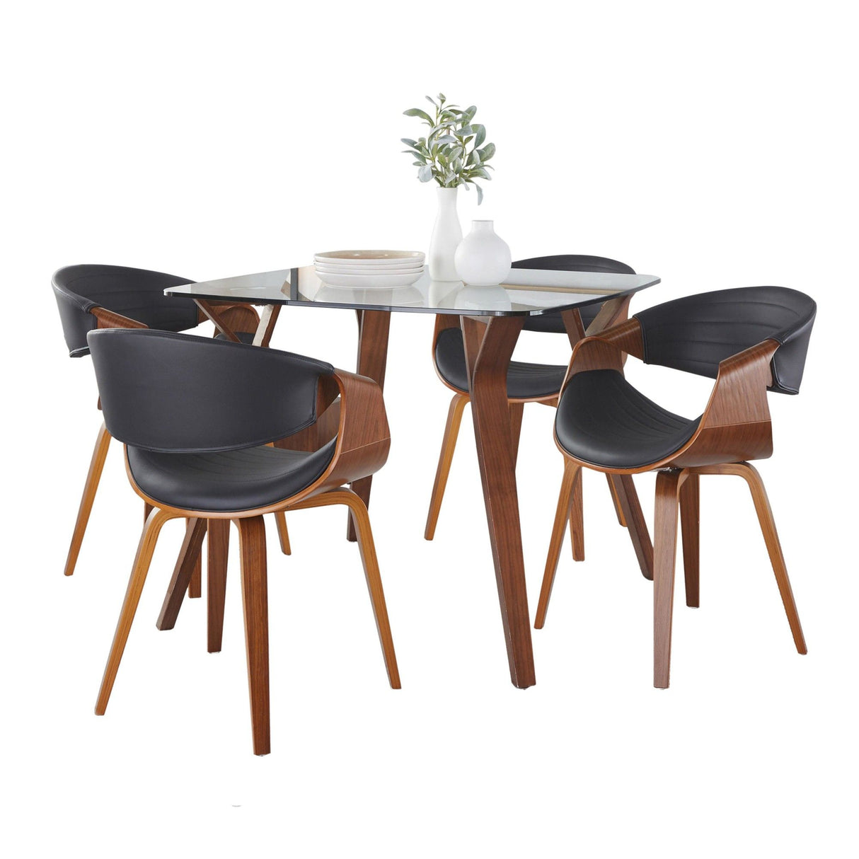 Folia - Symphony 5 Piece Square Dining Set - Clear Glass, Walnut Wood, Black Faux Leather