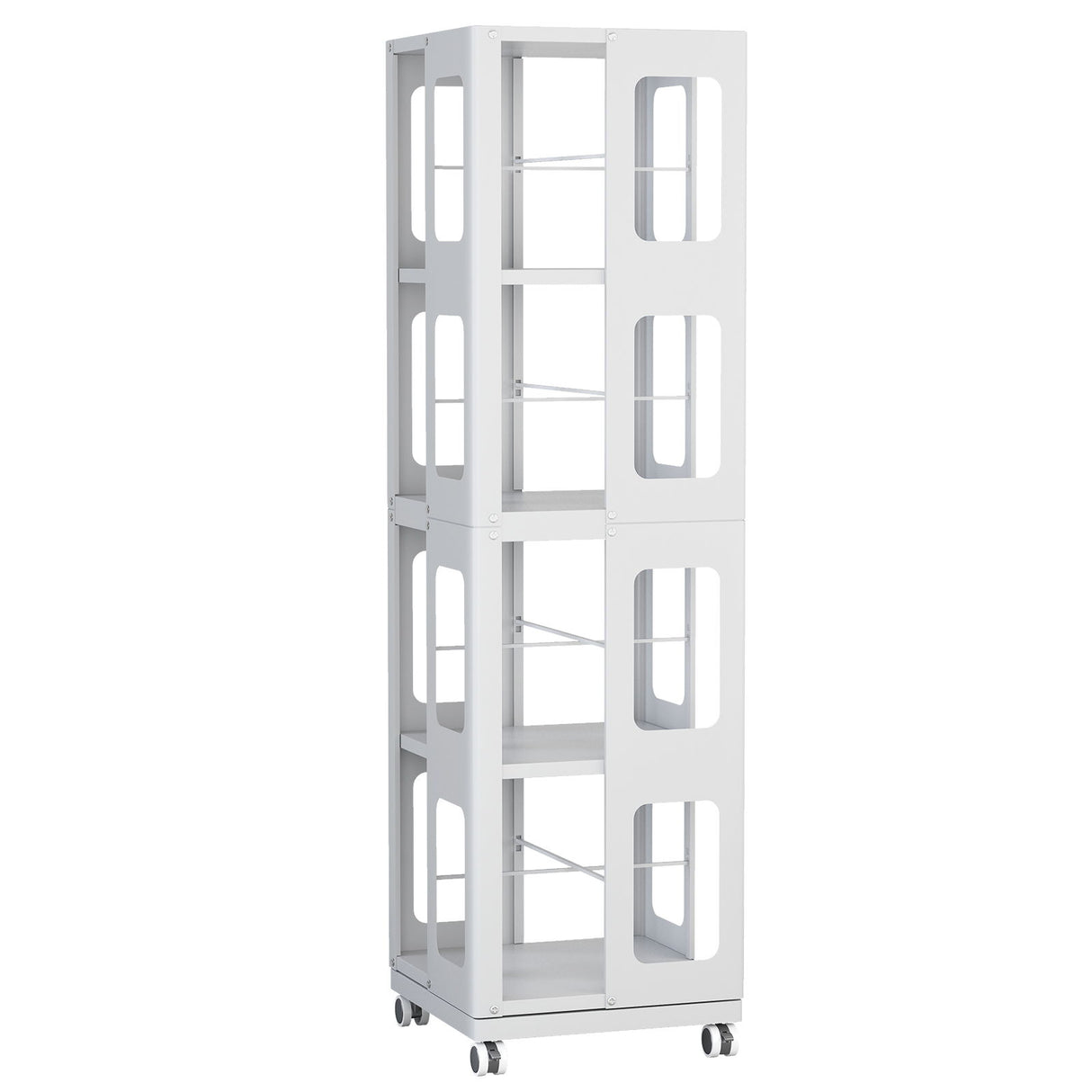 4 Tier All Steel Rotating Bookshelf With 360° Wheels, Large Size Sturdy & Spacious Book Rack, New Style Bookshelf - White