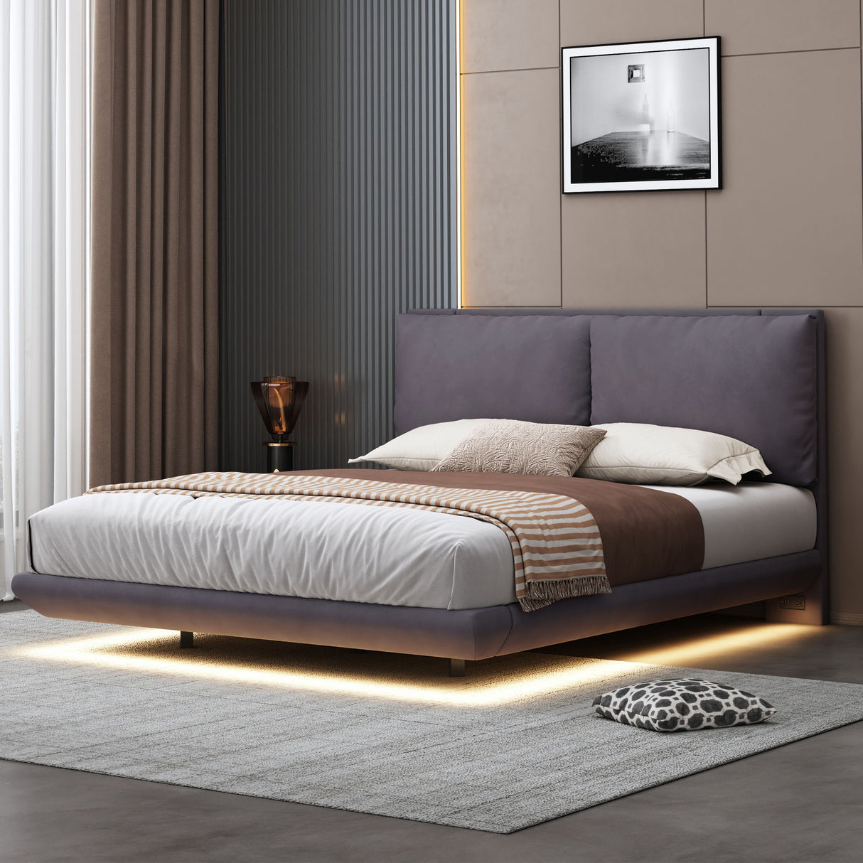 Upholstered Platform Bed With Sensor Light And 2 Large Backrests, With 2 Sets Of USB Port And Socket On Each Rear Bed Leg