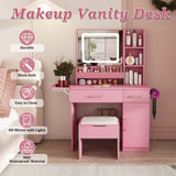 Vanity Desk With LED Mirror Lights And Power Outlet Charging Station, 3 Drawers, 7 Shelves, Storage Stool - Pink