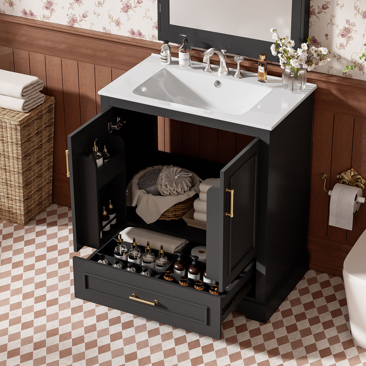 Bathroom Vanity With Sink, 1 Divided Drawer And 2 Soft Close Doors With Double Shelf
