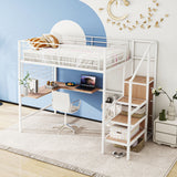Loft Bed With Desk And Grid, Stylish Frame With Lateral Storage Ladder And Wardrobe