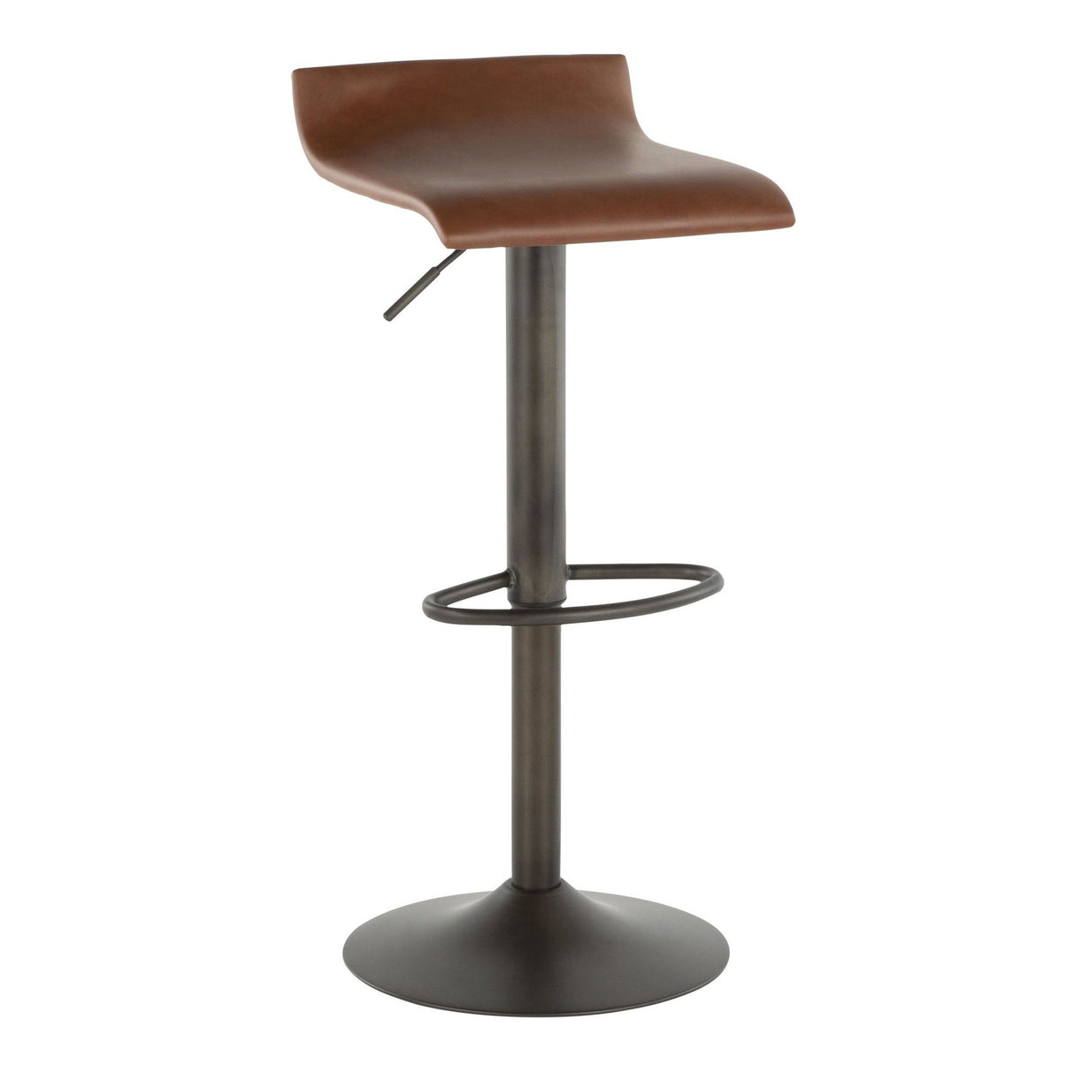 Ale - Industrial Adjustable Height Swivel Barstool (Set of 2) - Antique Metal And Brown Faux Leather With Oval Footrest