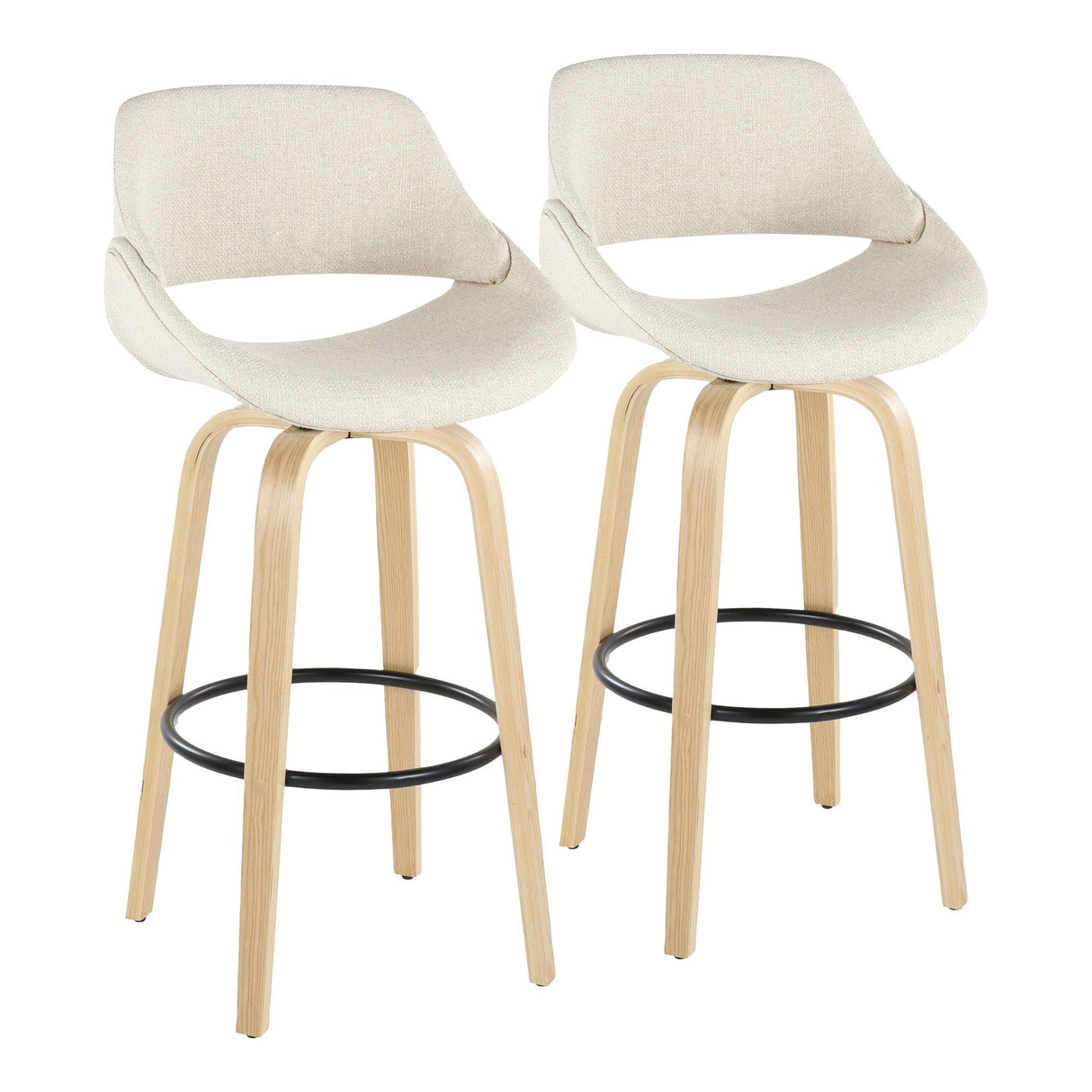 Fabrizzi - 30" Fixed-Height Barstool With Swivel And Round Black Metal Footrest (Set of 2) - Natural Wood