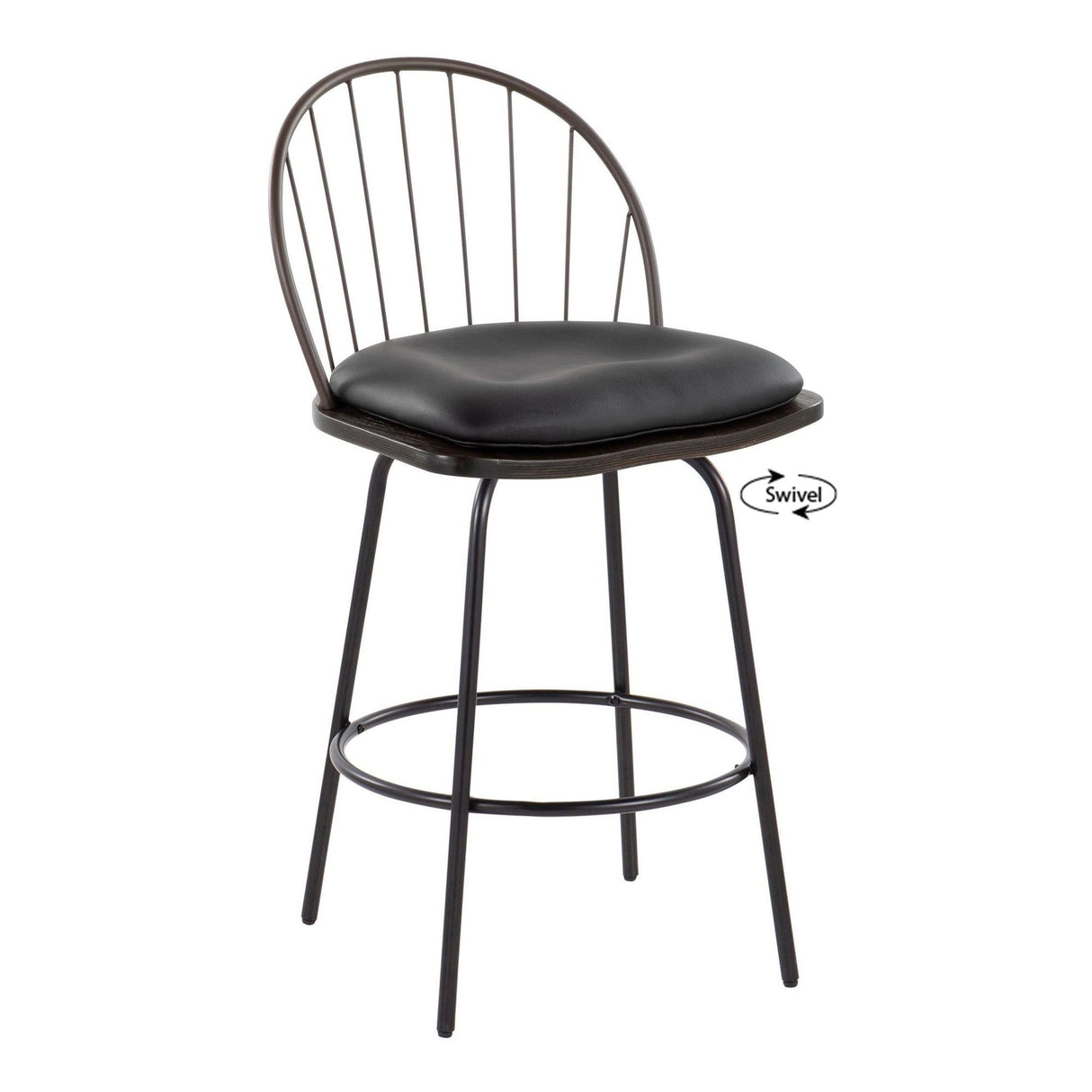 Riley - Claire Farmhouse Fixed-Height Swivel Counter Stool (Set of 2) - Black Metal, Bronze Metal, Walnut Wood And Brown Faux Leather With Round Black Metal Footrest