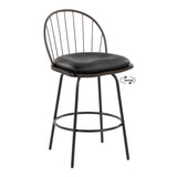 Riley - Claire Farmhouse Fixed-Height Swivel Counter Stool (Set of 2) - Black Metal, Bronze Metal, Walnut Wood And Brown Faux Leather With Round Black Metal Footrest