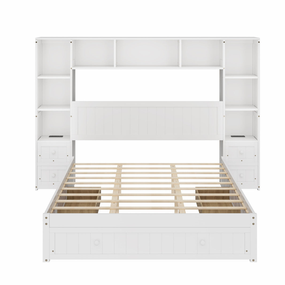 Platform Bed With All In One 2 Nightstand, Storage Shelf And Cabinet Bookcase With 2 Charging Stations