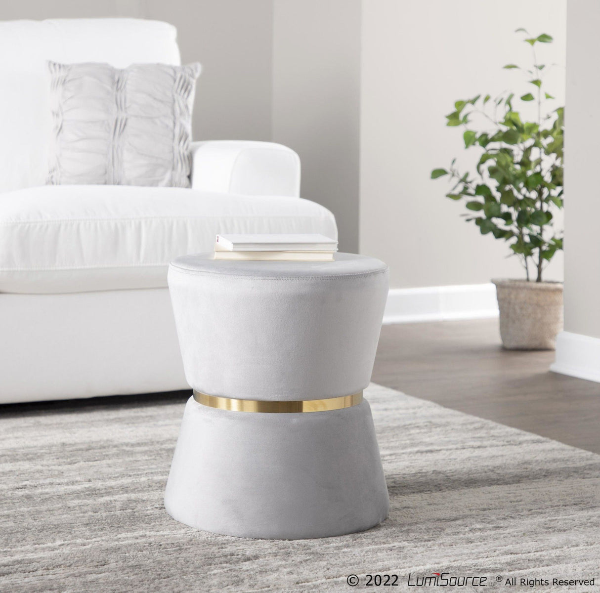 Gemma - Contemporary/Glam Ottoman - Silver Velvet And Gold Metal