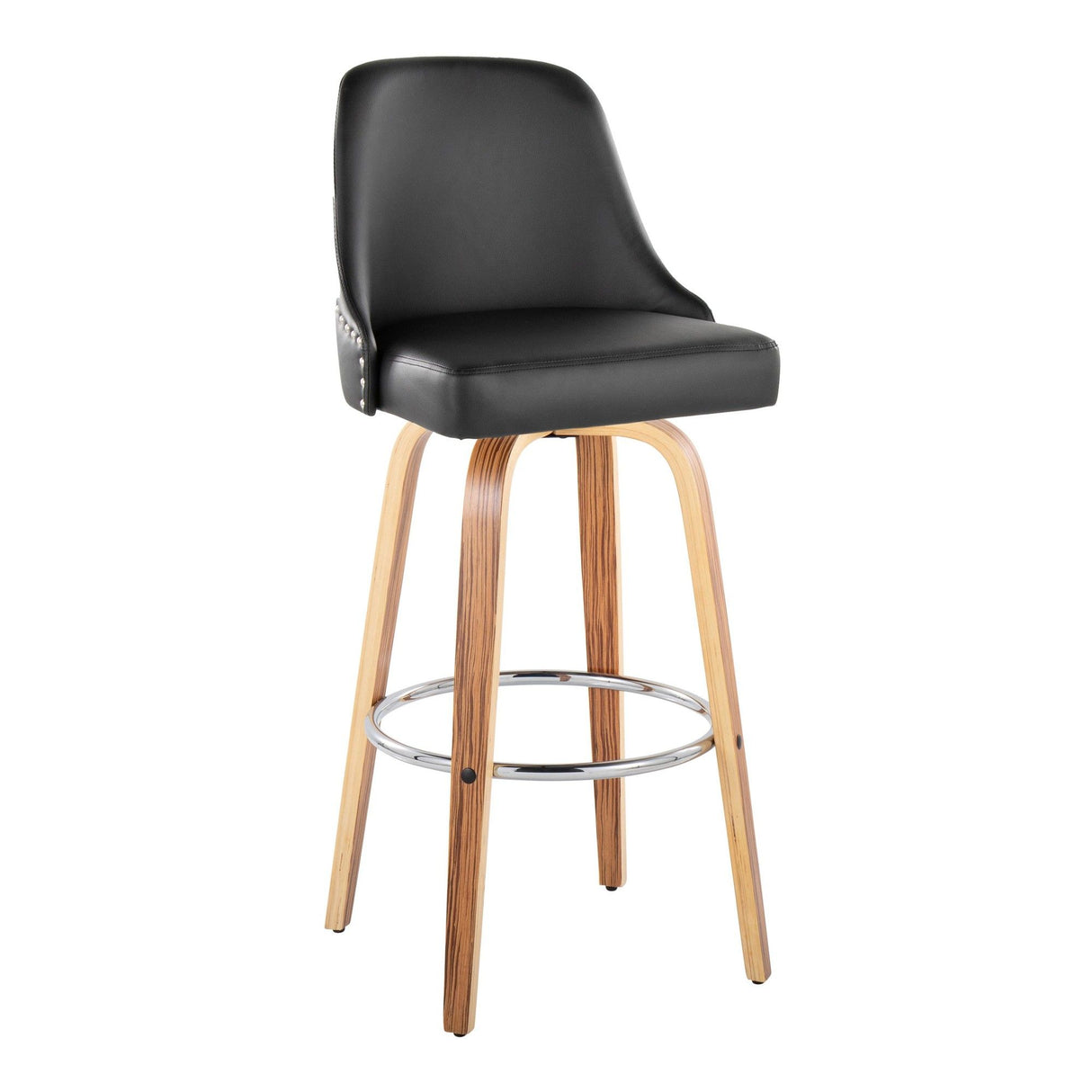 Marcel - 30" Fixed-Height Barstool With Swivel And Round Chrome Metal Footrest (Set of 2) - Zebra Wood And Black Faux Leather With Chrome Nailhead Trim