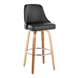 Marcel - 30" Fixed-Height Barstool With Swivel And Round Chrome Metal Footrest (Set of 2) - Zebra Wood And Black Faux Leather With Chrome Nailhead Trim