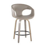 Curvo - Contemporary Fixed-Height Swivel Counter Stool (Set of 2) - Light Gray Wood And Light Gray Faux Leather With Round Black Metal Footrest