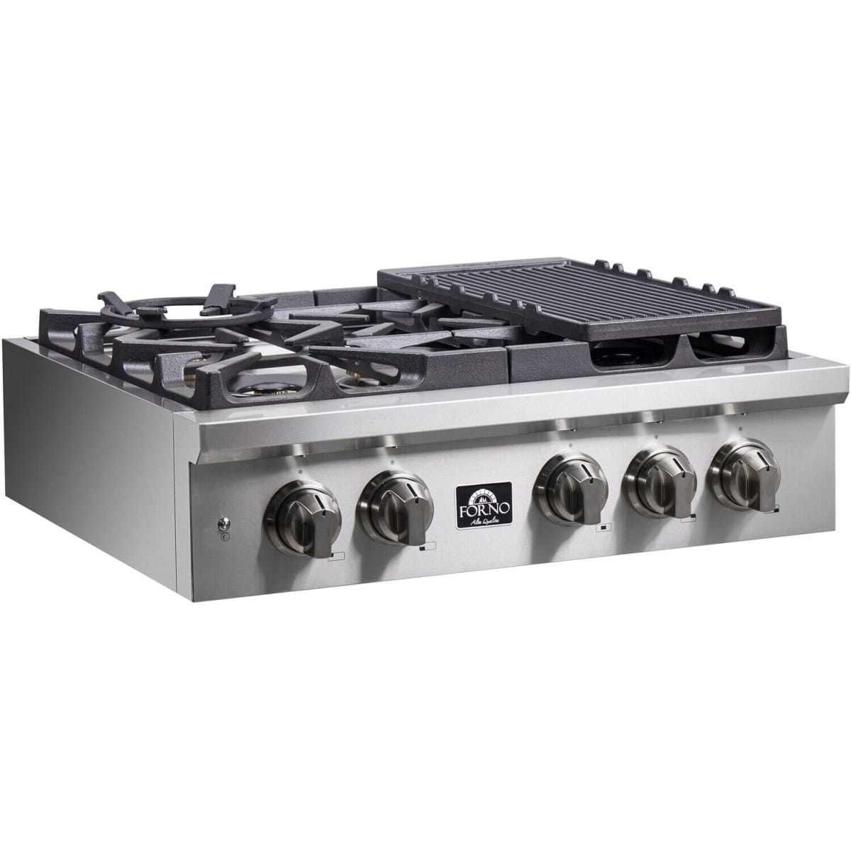 Forno Spezia FCTGS575130 30 Inch Gas Rangetop with 5 Defendi Italian Sealed Burners, 100,000 BTUs, Continuous Cast Iron Grates, Auto-Ignition, LED Light Zinc Control Knobs, Wok Ring, Griddle and LP Conversion Kit Included: 30 Inch