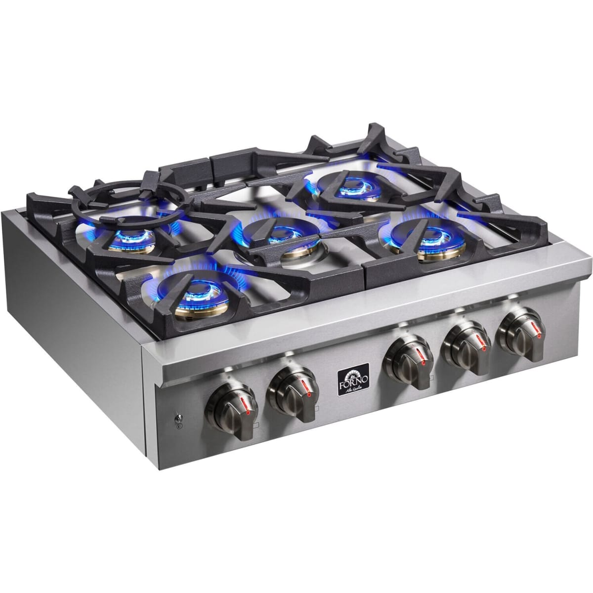 Forno Spezia FCTGS575130 30 Inch Gas Rangetop with 5 Defendi Italian Sealed Burners, 100,000 BTUs, Continuous Cast Iron Grates, Auto-Ignition, LED Light Zinc Control Knobs, Wok Ring, Griddle and LP Conversion Kit Included: 30 Inch