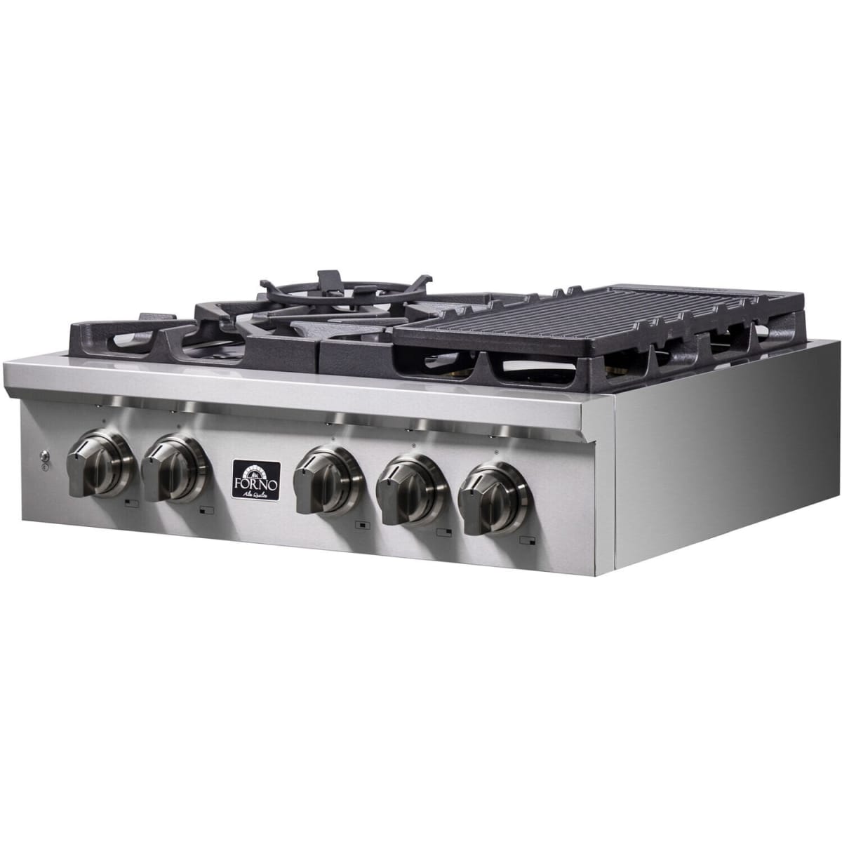 Forno Spezia FCTGS575130 30 Inch Gas Rangetop with 5 Defendi Italian Sealed Burners, 100,000 BTUs, Continuous Cast Iron Grates, Auto-Ignition, LED Light Zinc Control Knobs, Wok Ring, Griddle and LP Conversion Kit Included: 30 Inch