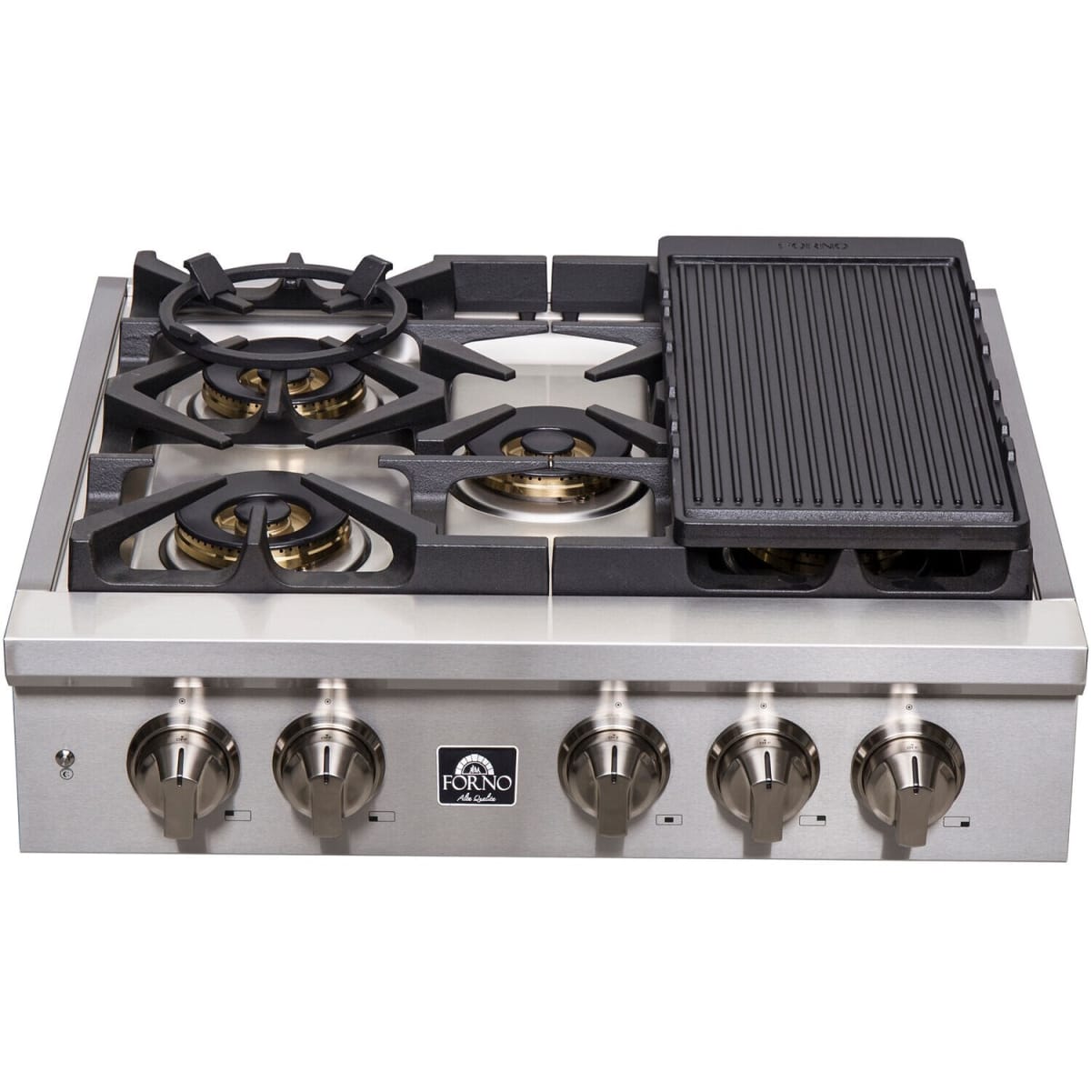Forno Spezia FCTGS575130 30 Inch Gas Rangetop with 5 Defendi Italian Sealed Burners, 100,000 BTUs, Continuous Cast Iron Grates, Auto-Ignition, LED Light Zinc Control Knobs, Wok Ring, Griddle and LP Conversion Kit Included: 30 Inch
