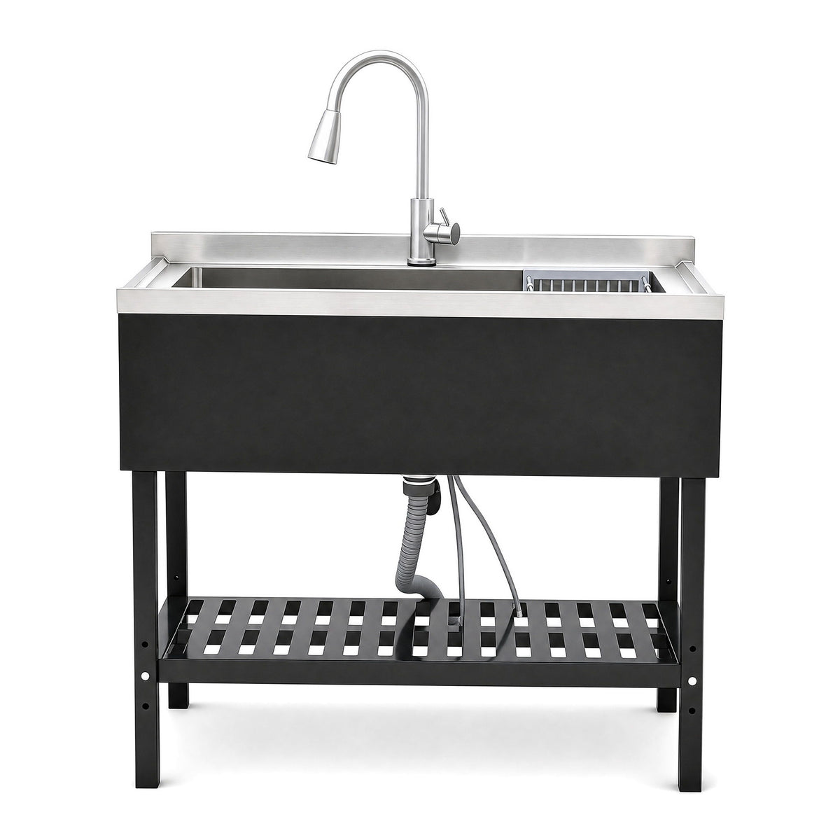 Freestanding Utility Sink With Pull Out Faucet And Large Storage Grille - Black / Silver