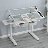 38.18" Hand Crank Adjustable Drafting Table Drawing Desk With 2 Metal Drawers With Stool