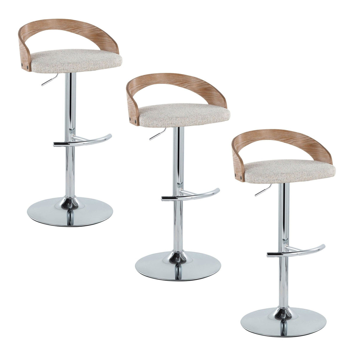 Grotto - Adjustable Barstool - Chrome Metal, Whitewashed Wood