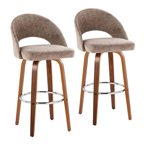 Renee - Upholstered Fixed-Height Barstool (Set of 2) - Walnut Wood, Chrome Metal