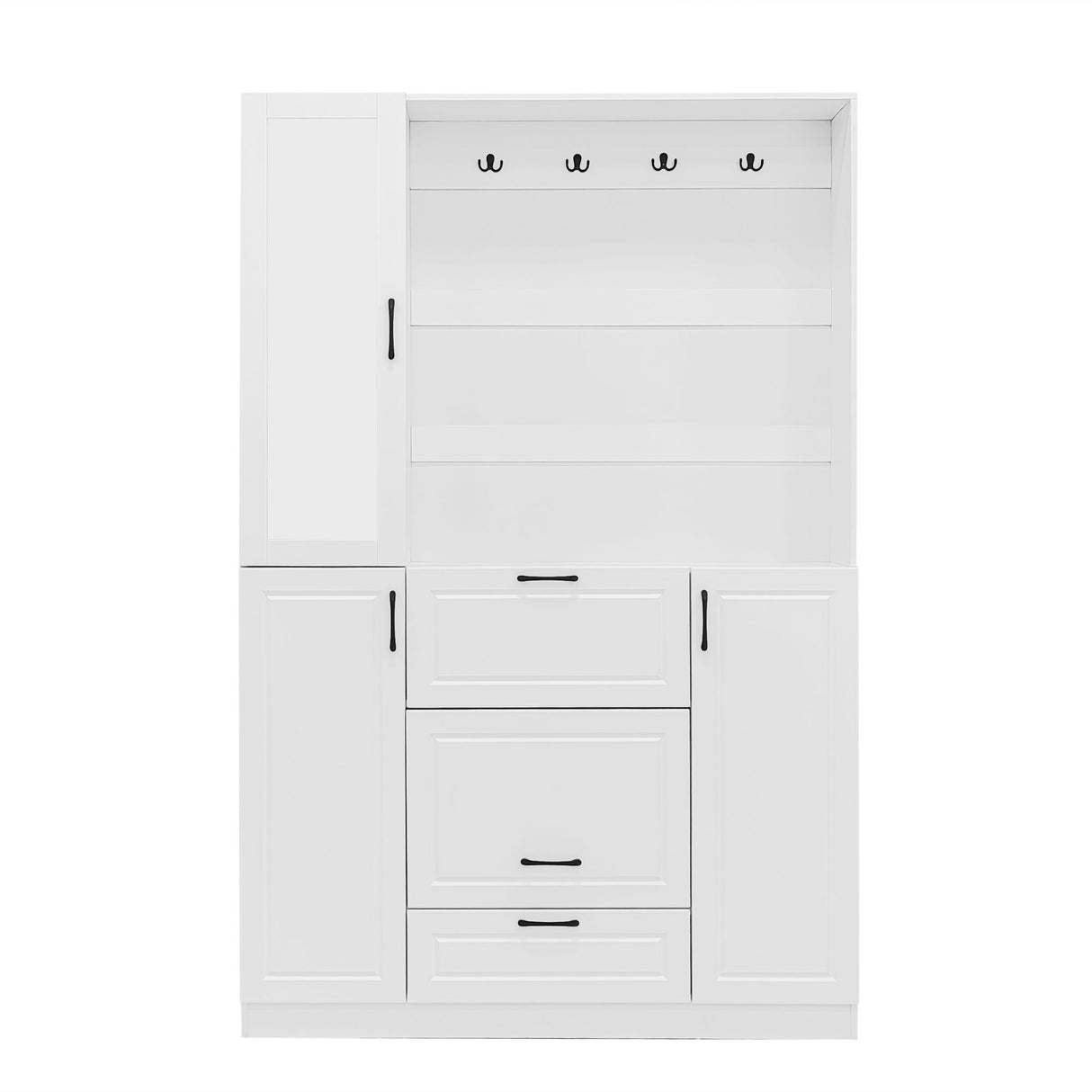 Entryway Bench With Integrated Shoe Cabinet, 3 In 1 Design And Mirrored Cabinet Door, Hall Tree With 4 Sturdy Hooks And Foldable Seat For Entrance, Living Room - White